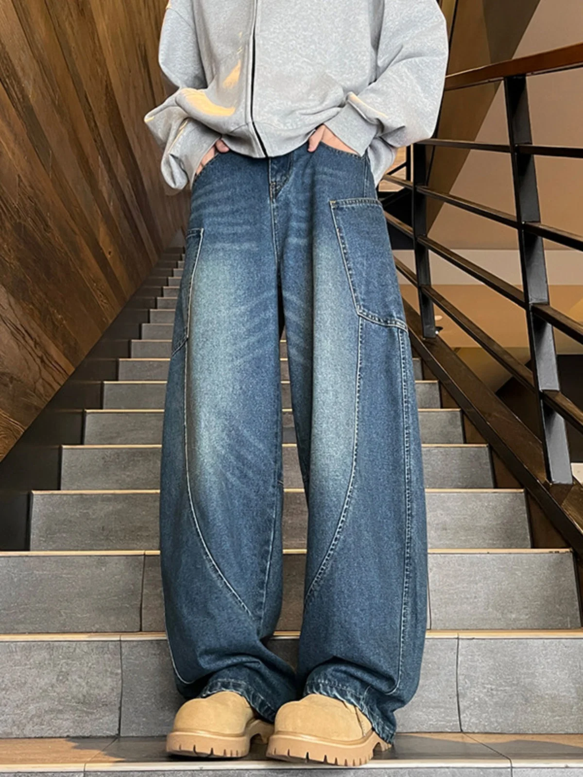 

American Sle Men's Autumn Winter Baggy Straight Leg Jeans Wave Patterned Knife Slanted Cut Casual Wear Youth Trend