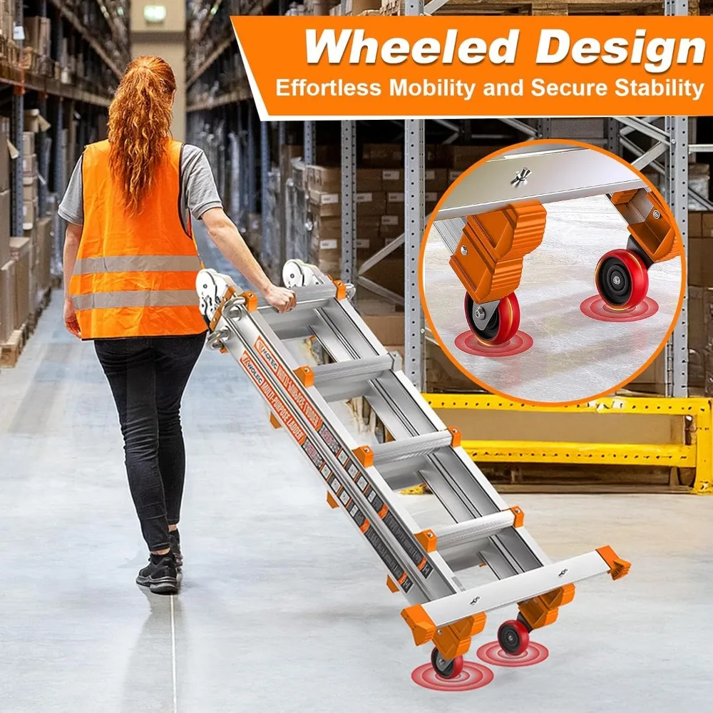 سلم تمديد قابل للطي بطول 14 قدمًا مع عجلات وقضيب تثبيت - سعة تحميل 330 رطل، سلم أمان متعدد المواضع #4