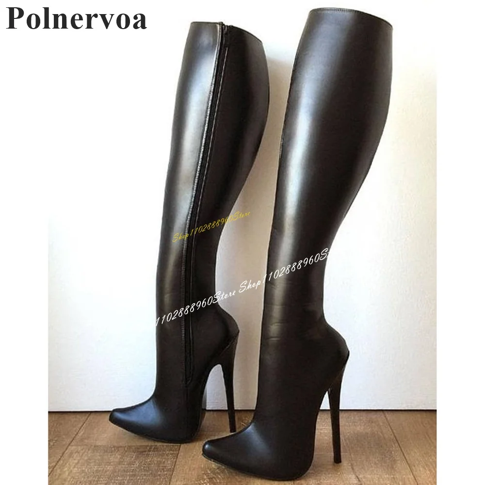 

Knee High Black Matte Leather Glossy Boots Stilettos High Heel Women Shoes Sde Zipper Pointed Toe 2024 Sexy Zapatos Para Mujere