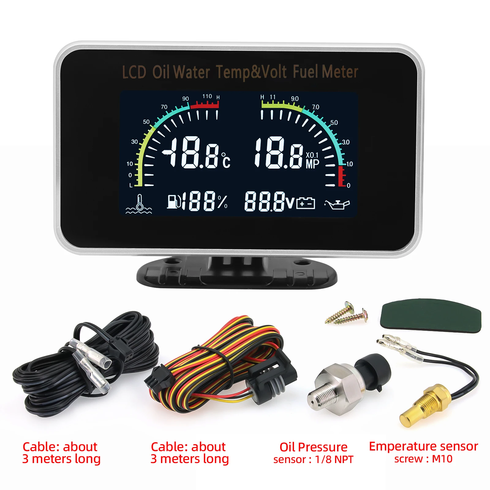 

4 In 1 LCD Oil Pressure Gauge Car Digital Voltmeter Oil Press Fuel Water Temp Meter + 1/8NPT Oil Pressure Water Temp Sensor 12v