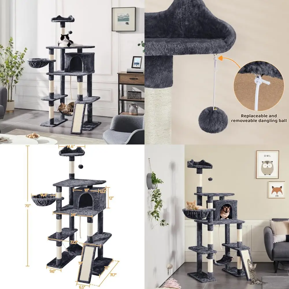 

70-дюймовое многоуровневое кошачье дерево с сизалевыми когтеточками, плюшевыми жердочками, уютной корзиной и многого другого