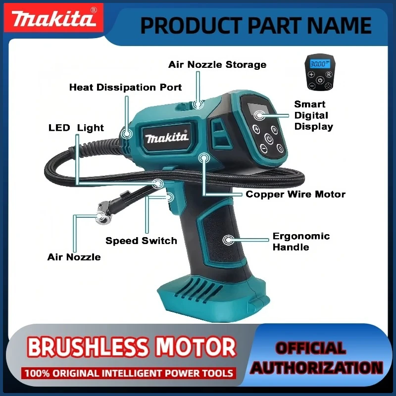 Compressore di gonfiaggio a batteria montato su auto Makita Aria elettrica Pompa d'aria automatica Compressore d'aria portatile per pneumatici per auto