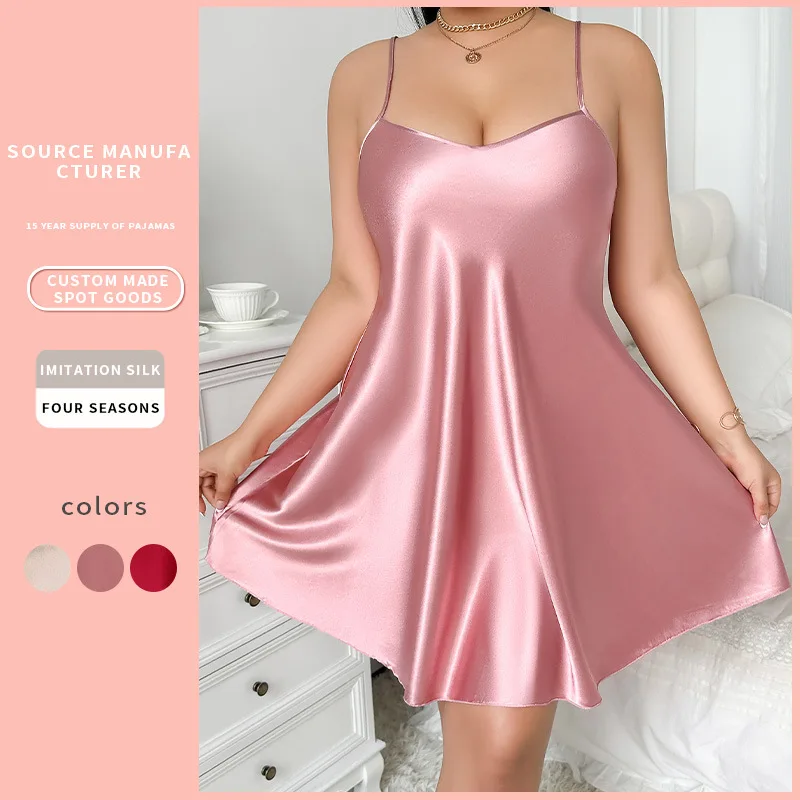 

Solid Imitation Silk Loose Comfortable Perspective Sexy Plus Size Erotic Camisole Pajama Nightgown for Women Backless Slip Dress