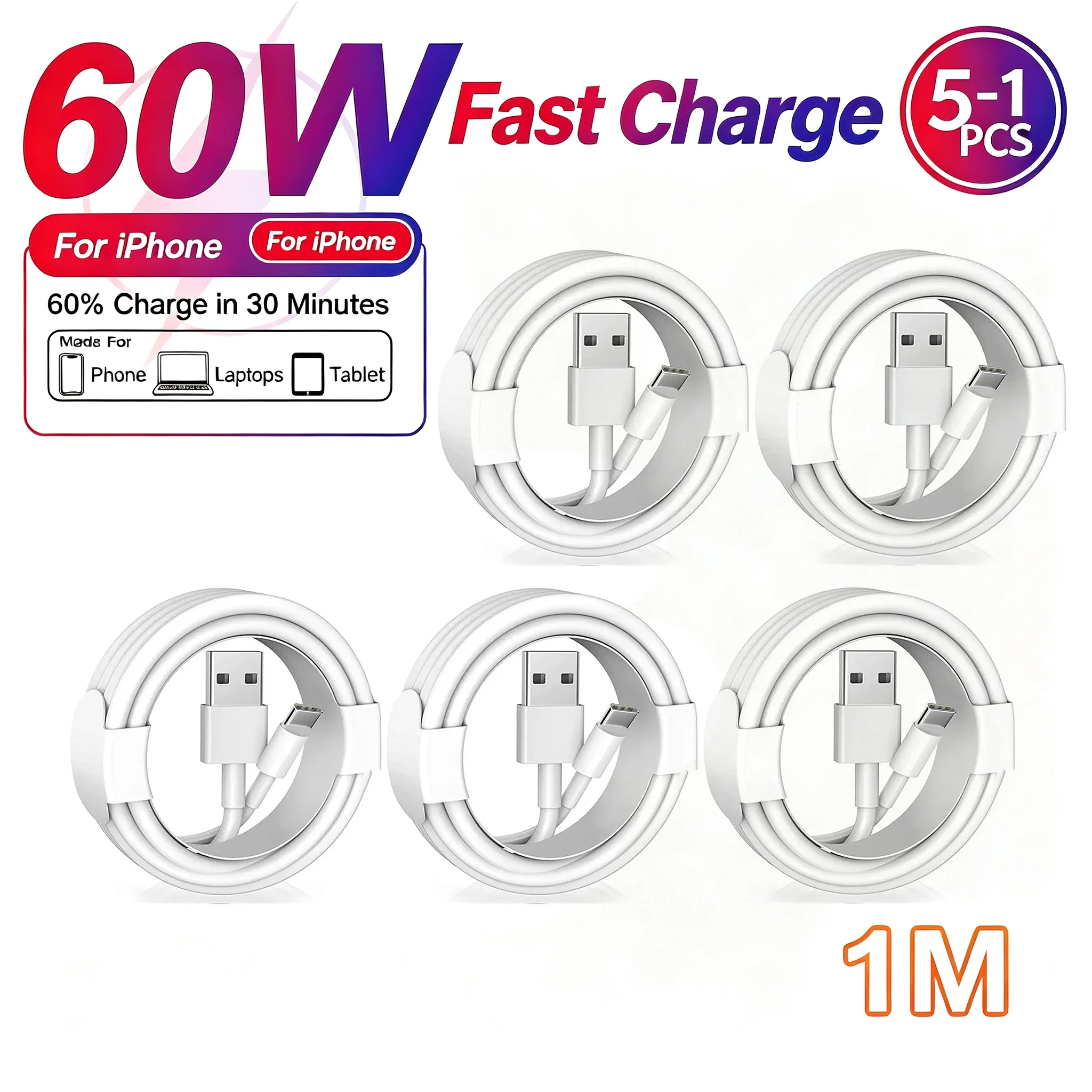 5Pcs PD 60W Weaving USB Cable For iPhone 16 15 Pro Max Plus Fast Charging For Samsung For Xiaomi Type C Date Cables