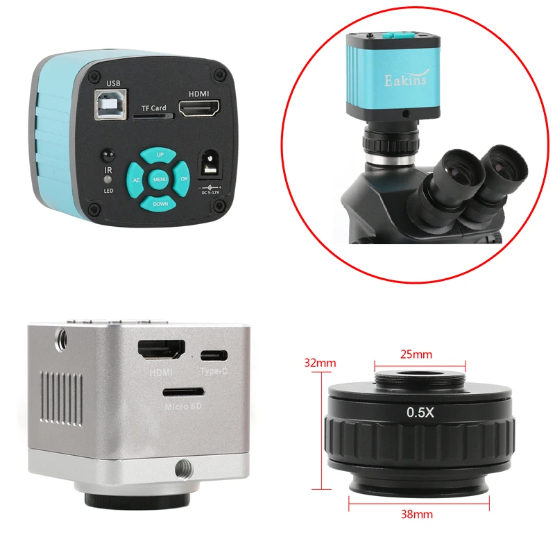 Microscope stéréo trinoculaire 0,5X avec adaptateur C-Mount 25 mm + ensemble caméra de microscopie électronique HDMI USB 60MP