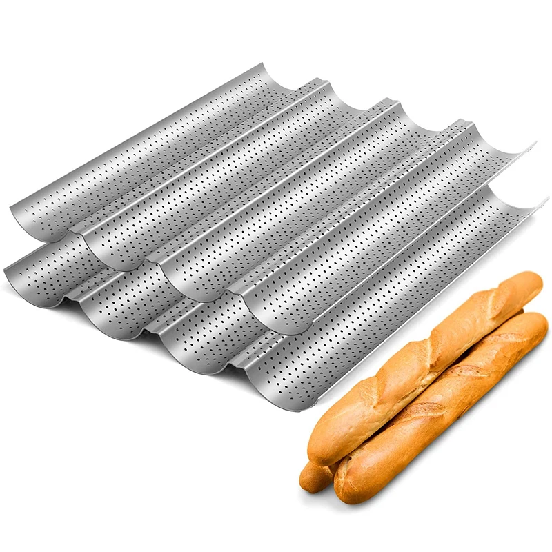 LMETJMA Antihaftbeschichtete, perforierte Backform für französisches Brot, Baguette-Pfanne aus Kohlenstoffstahl, französisches Brot, 4 Wellen, Laib-Backform JT158