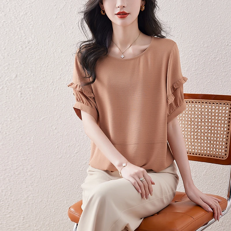 Short Sleeve Women Blouse O-neck T-shirts OL Summer Fashion Casual Blouse for Women Ruffle Edge Vintage Womens Tops and Blouses