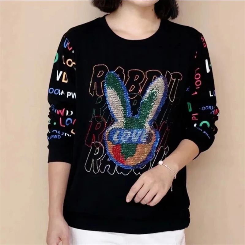 Women's Korean Fashion Letter Print Rhinestone Rabbit All Match Sweatshirt Autumn Casual O Neck Long Sleeve Loose Pullover Tops