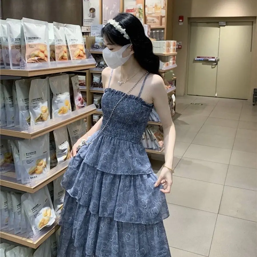 

Women's Slim Shoulder Strap Dress Sexy Summer Open Top Dress Solid Slimming Cake Dress Floral Printed Beach Elegant Skirt S640