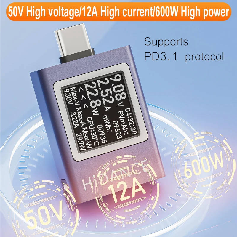 Probador de 13 en 1, Medidor Digital de Voltaje y Corriente DC 4.5-50V 0-12A, Vatímetro con Puerto Tipo C para Carga de Celular PD3.1 3