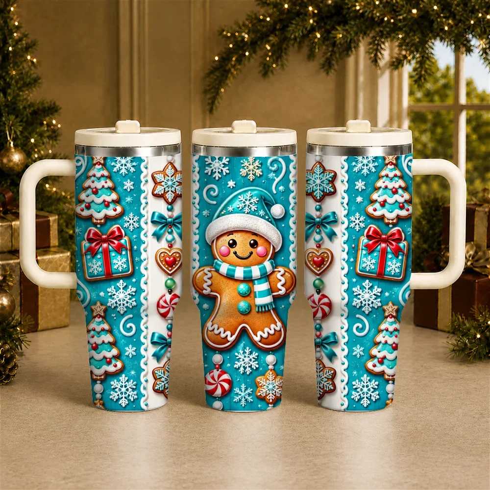 Turquoise Gingerbread Winter Vacuum Flasks 40oz Stainless Steel Insulated Tumbler with Handle & Straw Lid, Leakproof Travel Cup