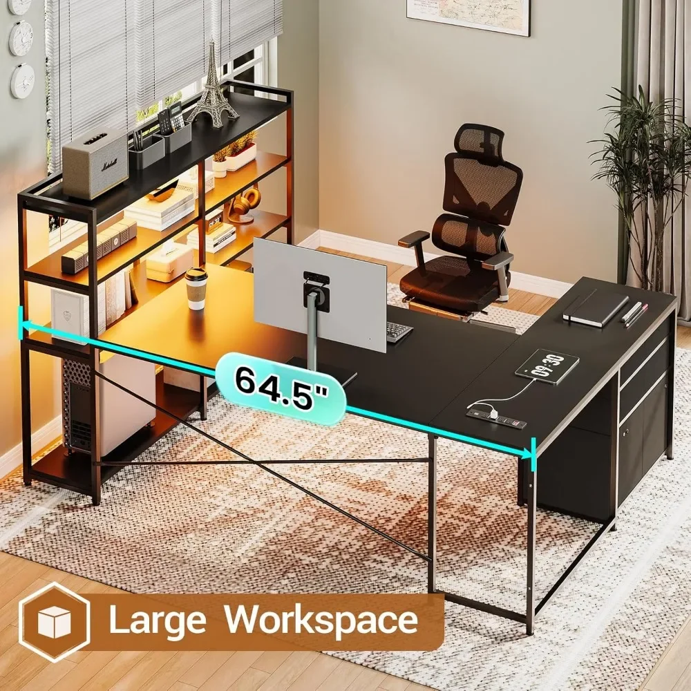 L Shaped Gaming Desk, Reversible U Shaped Computer Desk with Power Outlet and Storage Shelves, Corner Gaming Desk