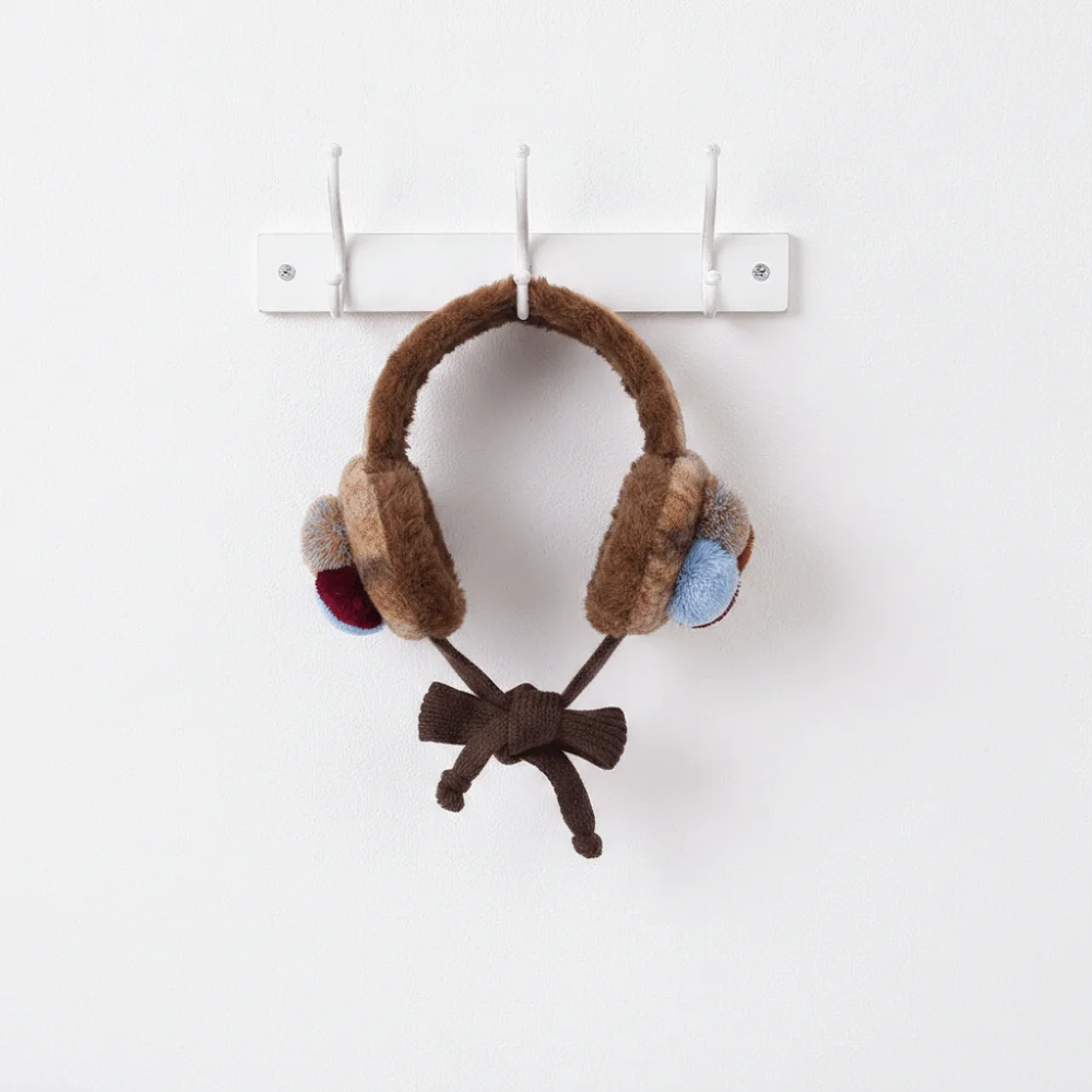 Brown Retro Knit Earmuffs Thickened Windproof Vintage Pom Earmuff Thermal Comfortable Tie Up Ear Covers Students