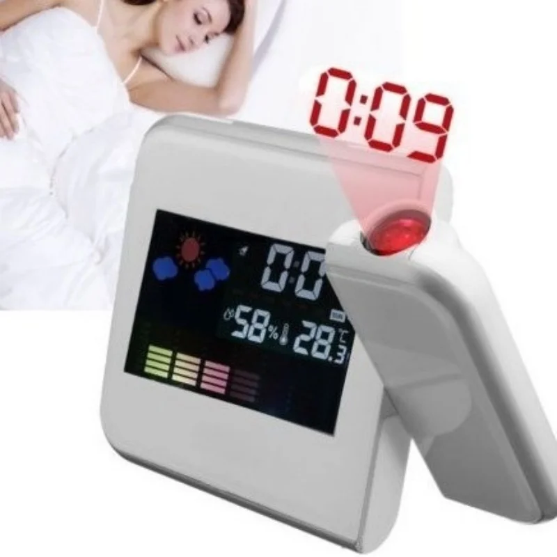 Reloj Despertador LED con Proyección y Pronóstico del Tiempo, Pantalla a Color, Reloj Digital con Indicador de Temperatura y Humedad para Dormitorio o Escritorio