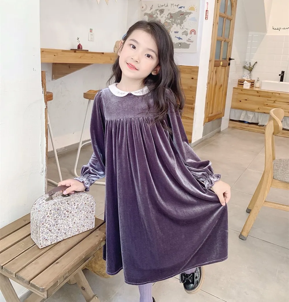 fall winter kids dress Purple velvet fabric embroidered lapel girls dress loose and comfortable dress