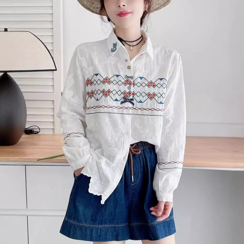 Japan Style Ethnic Embroidery Boho White Cotton Shirt Women Mori Girl Spring Autumn Turn Down Collar Long Sleeve Blouse Tops