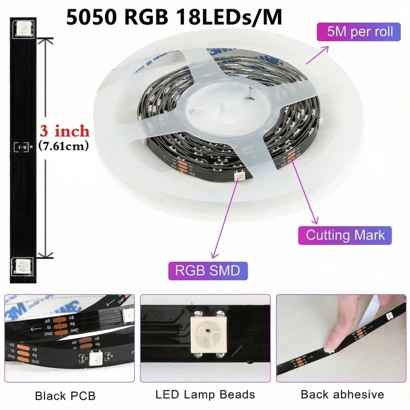 USB LED-Lichtstreifen APP-Steuerung Farbwechsel 5050 RGB LED-Licht Flexibles Lampenband für Raumdekoration TV-Hintergrundbeleuchtung Diode – Detail 7