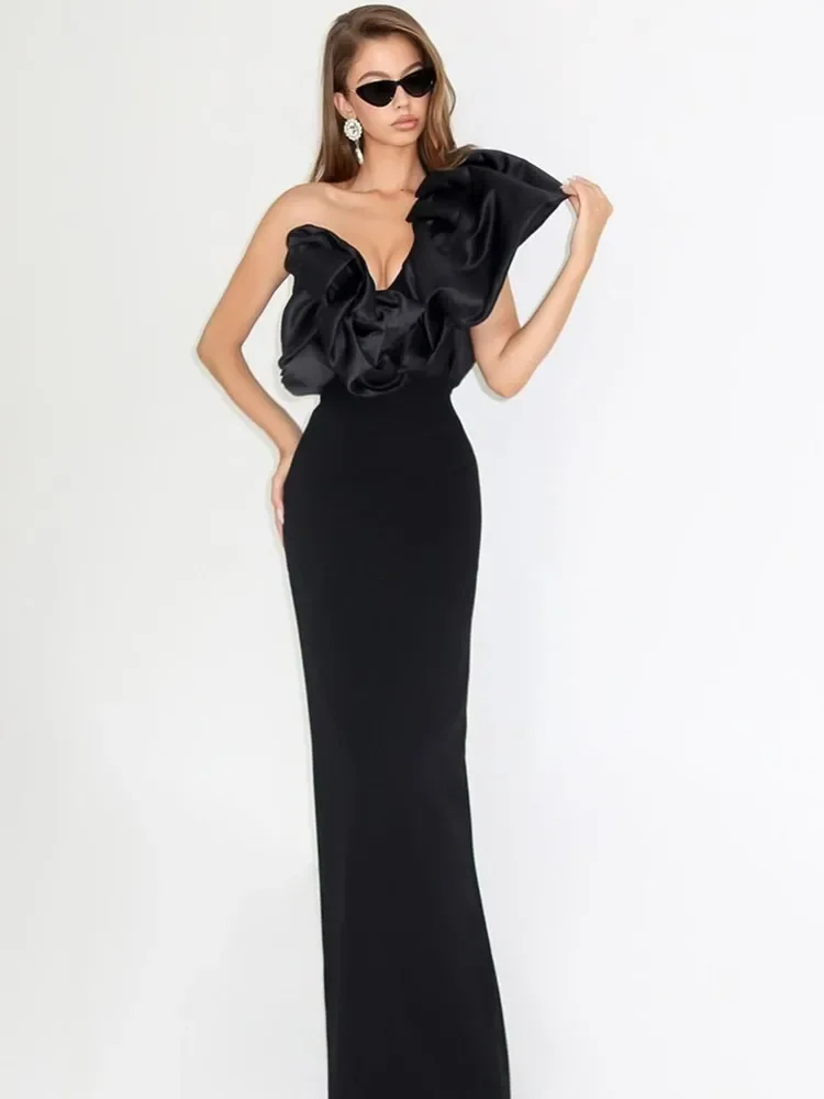 

2024 New Women Sexy One Shoulder Ruffles Black Maxi Long Bodycon Bandage Dress Elegant Evening Club Party Dress