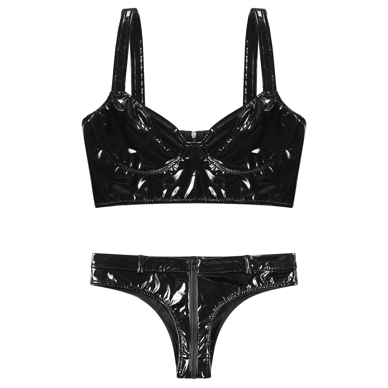 Womens Wet Look Patent Leather Lingerie Set Bra Tops with Zipper Crotch Booty Briefs Rave Party Pole Dancing Costume Clubwear