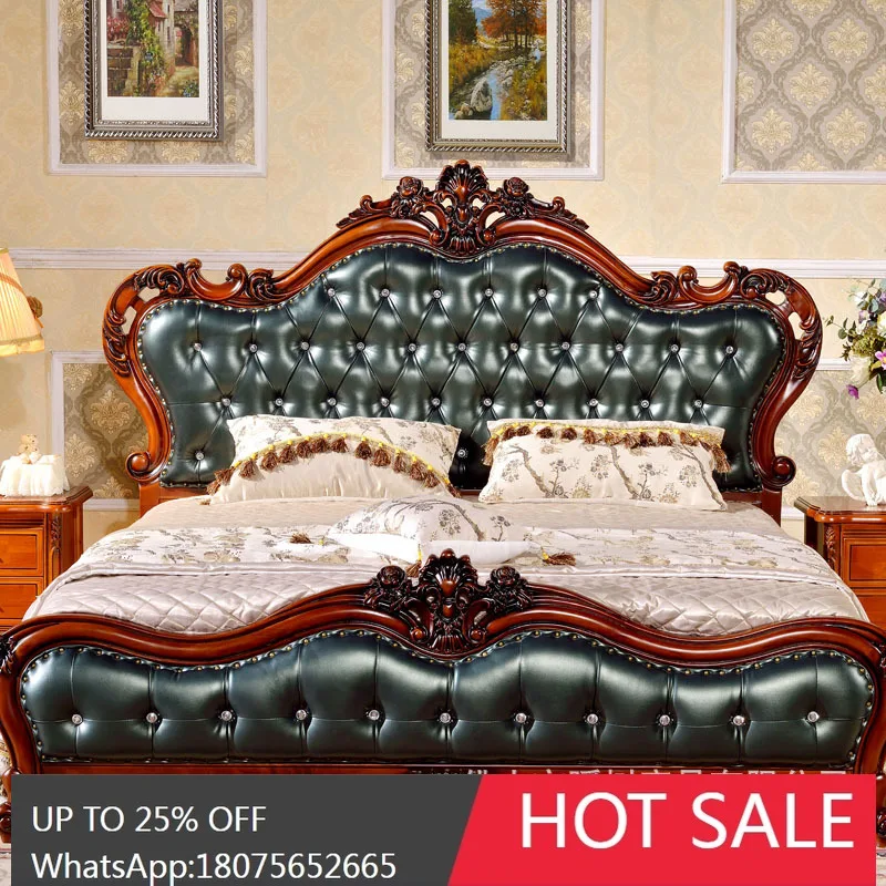 

SGF European Style Solid Wood Leather double Bed Solid Wood High Box Wedding Bed Furniture