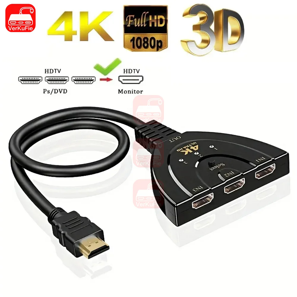 4K 3-in-1 Out HD Switch 3-Port HD Video Switcher 3D 1080P Splitter Hub for PS5 PS4 Xbox One Laptop PC TV Box Monitor Projector