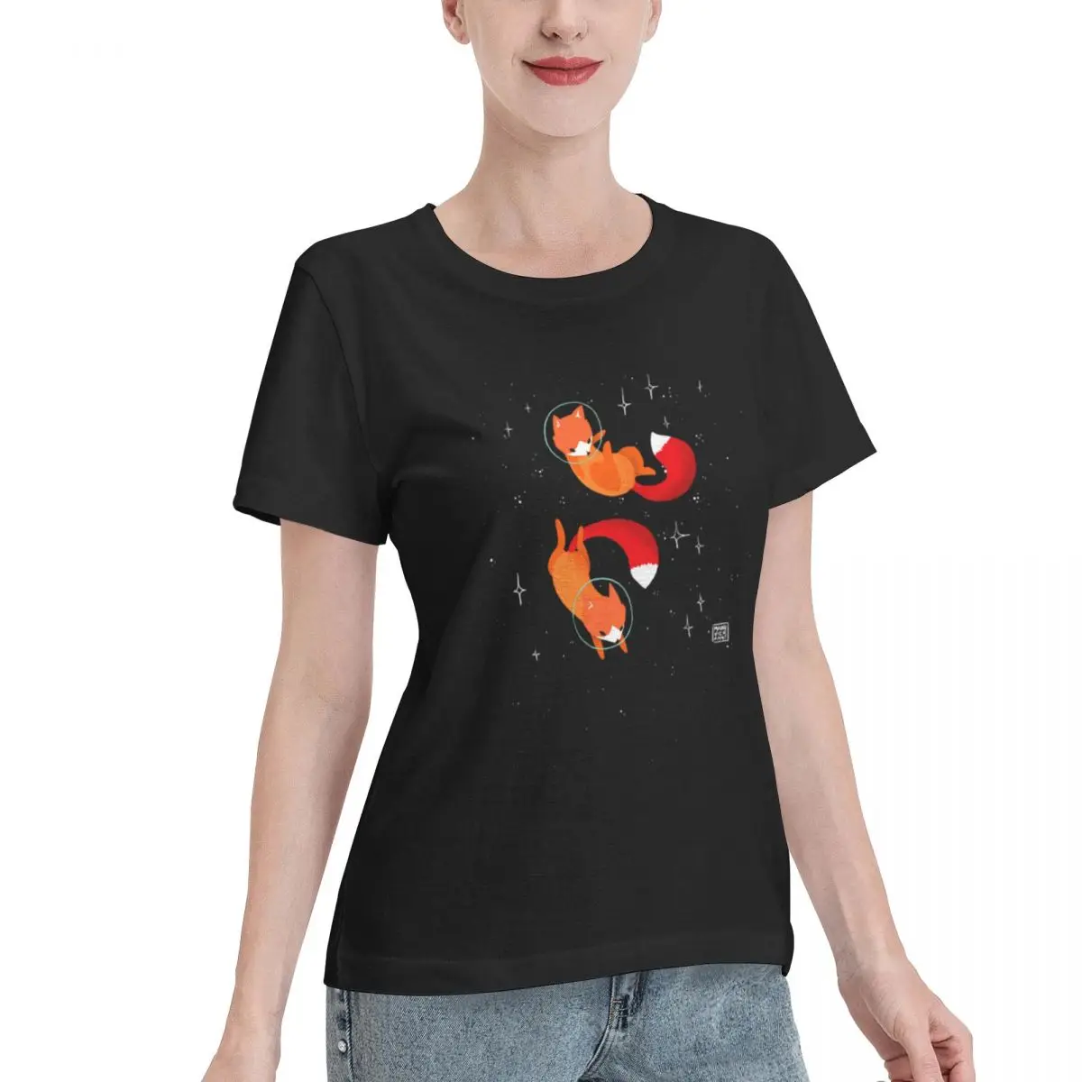Cozy Loungewear Space Foxes Boxy Women's T-shirt Harajuku Soft Skin Friendly Top