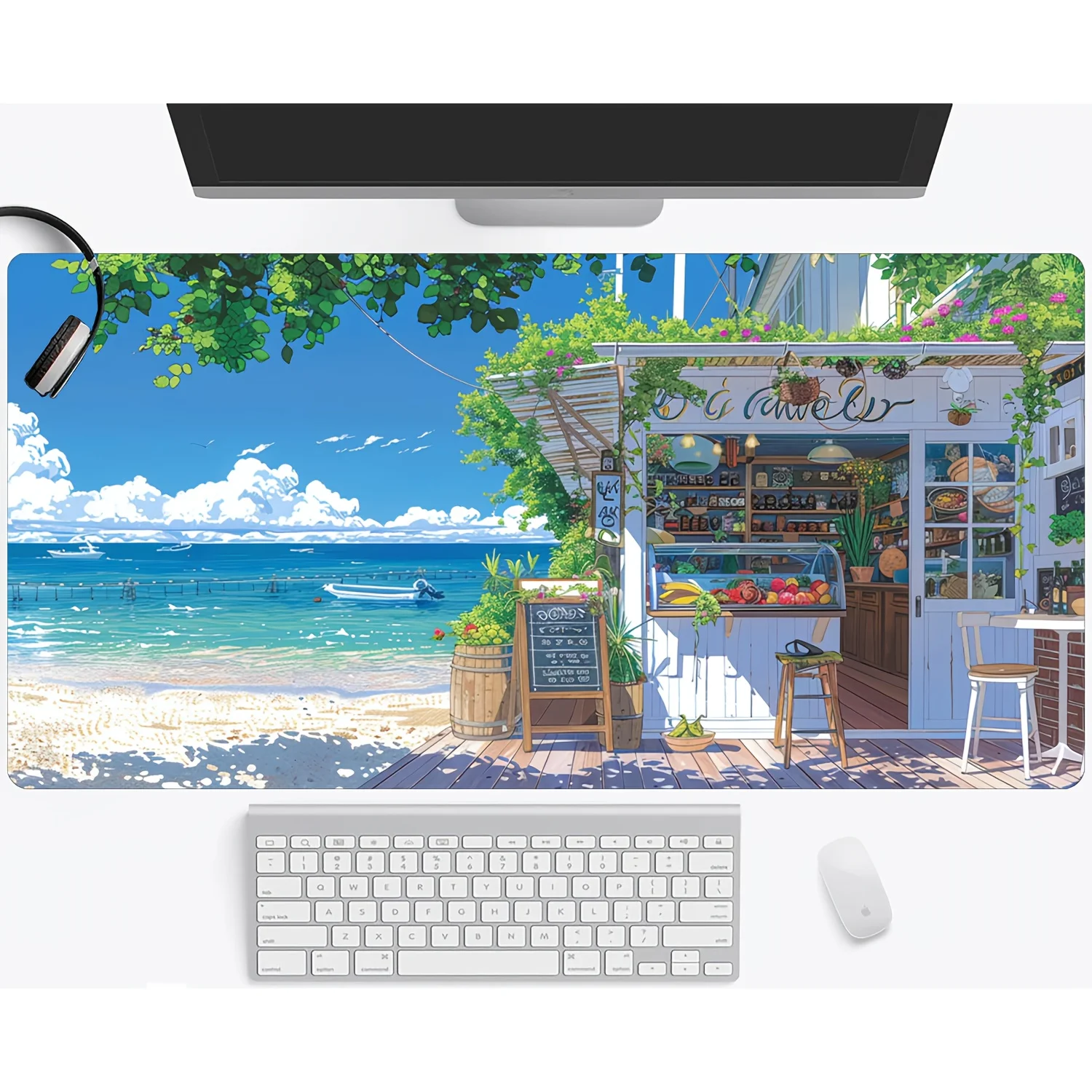 

1pc Large Beach Shop Scenery Gaming Mouse Pad – Smooth Keyboard Mat with Stitched Edges, Non-Slip Rubber Base, Vibrant Ocean & T