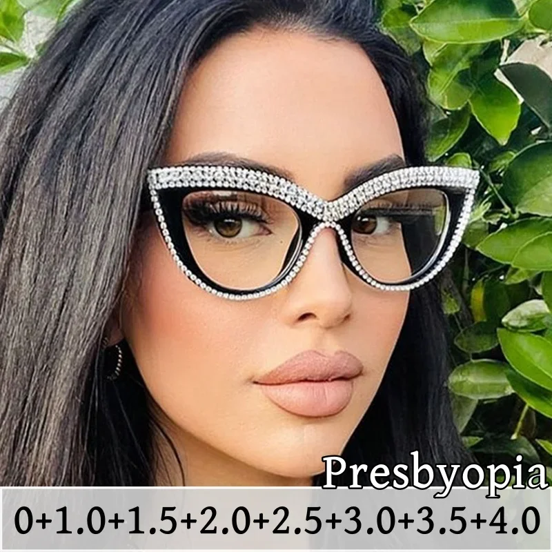 

Ladies Oversized Diamond Frame Reading Glasses Luxury Cat Eye HD Lens Presbyopia Eyewear Blue Light Blocking Far Sight Glasses