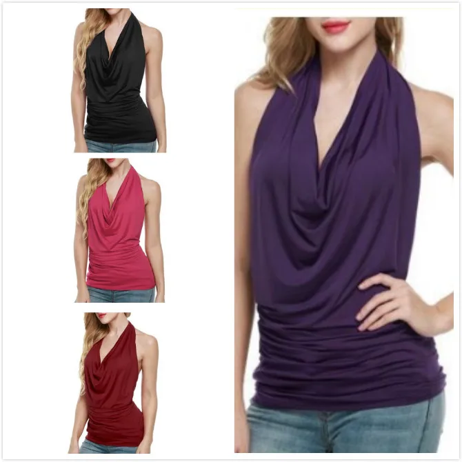

2022 Women Sexy Halter Drape Cowl Neck Tank Lady Backless Sleeveless Vest Solid Tops S-XL
