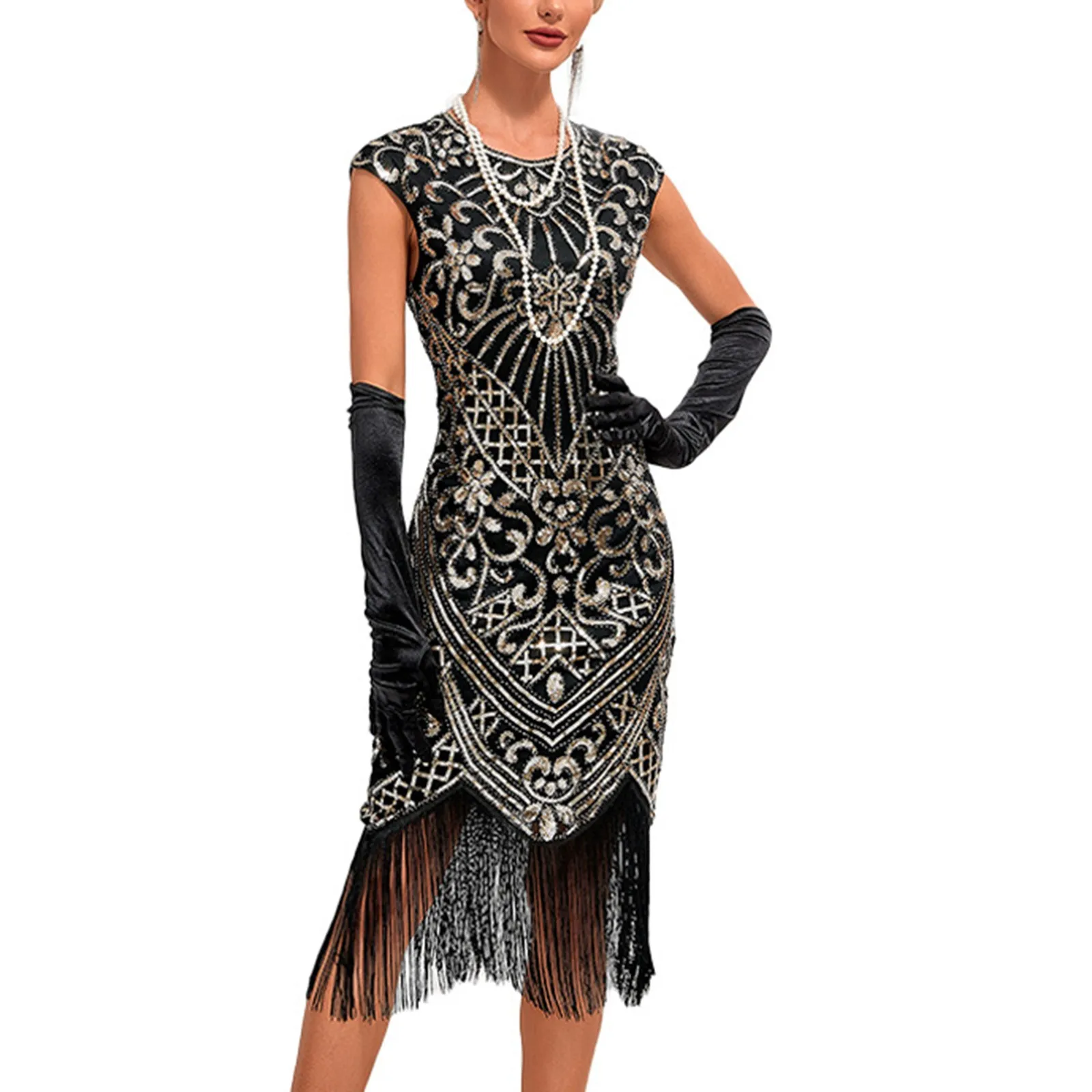 

1920s Art Long Fringed Sequin Beads Flapper Roaring 20s Great Gatsby Art Decor Elegant Women's Dress Latin Dancewear Dress