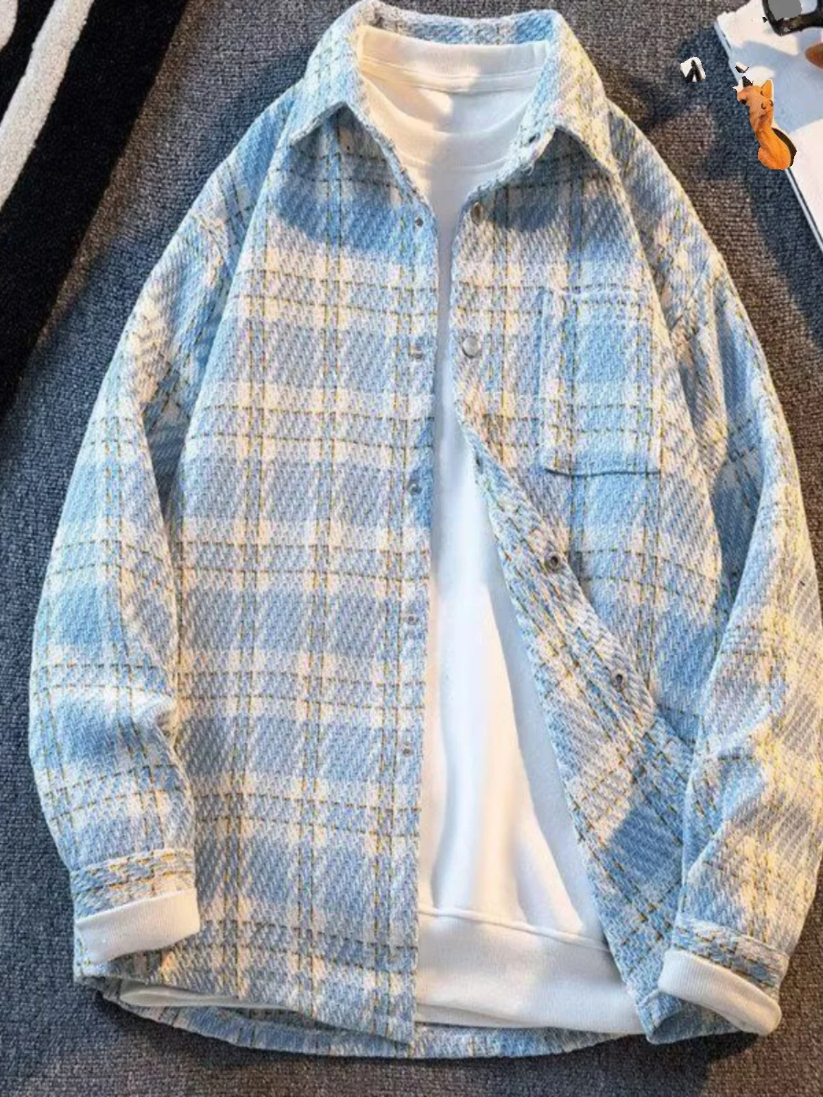 

Casual Men's ort Loose Woolen Jaet Spring Autumn Plaid irt Faionable Brand Premium Feel Polyester Fiber Long Sve