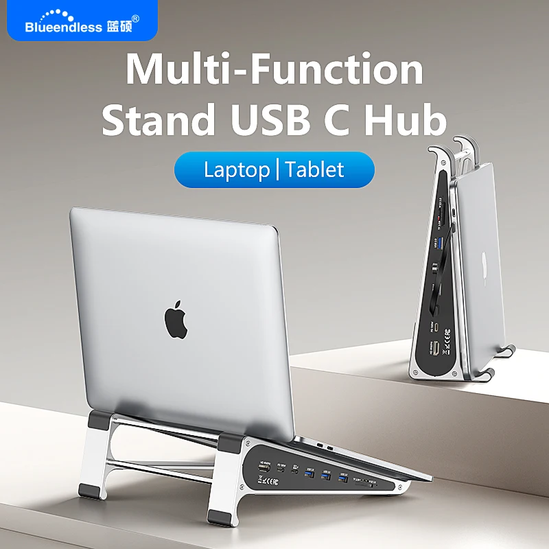 

Подставка для ноутбука Blueendless из алюминия с поддержкой 4K 60Hz HD, кардридером SD/TF, USB 3.0 5Gbps, зарядным устройством PD 100W и док-станцией Type-C
