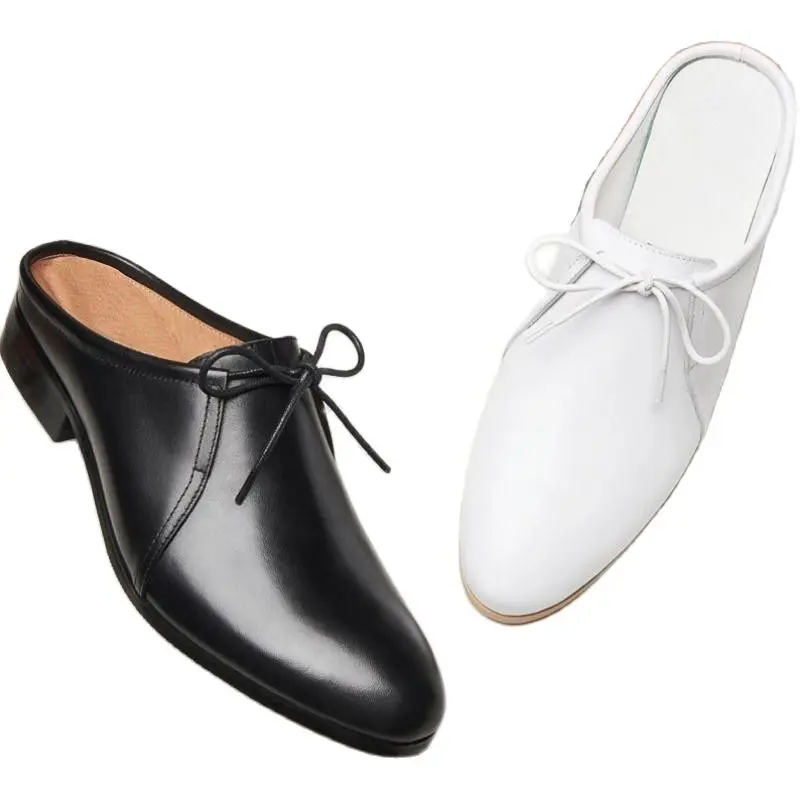 

Summer Genuine leather Slippers Casual Mules Shoes Men Fashion Outside Slipper Sandals Round Toe Lace-Up Dress Shoes White Black