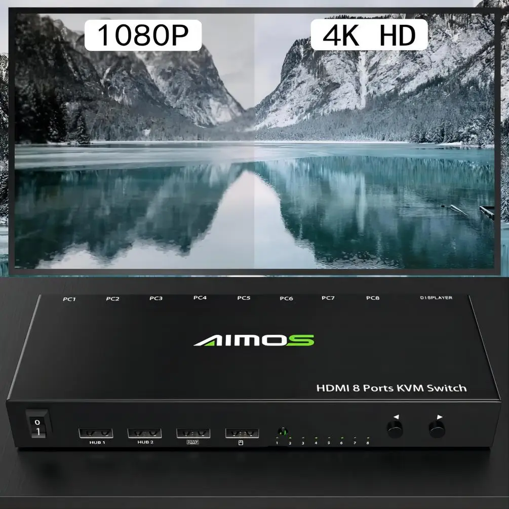 KVM USB Switch, 8 in 1 Out HDMI Switcher Box Support 4K@30Hz for 8 PC Share Keyboard and Mouse, Support USB Hub Connect