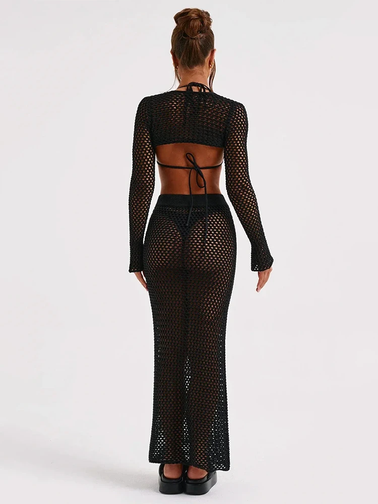 Sexy Knitted Chic Hollow Out Long Skirt Suit Bikini Cover Up  Summer Women's Slim See Through Vacation Beach Dress Set A2925