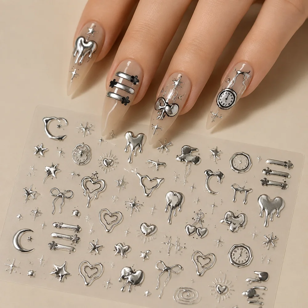 1Pc 5D Y2K Hot‑Silver Punk Nail Stickers Self‑Adhesive Gothic Melting Heart Clock Moon Bow Star Decals DIY Nail Art Accessories