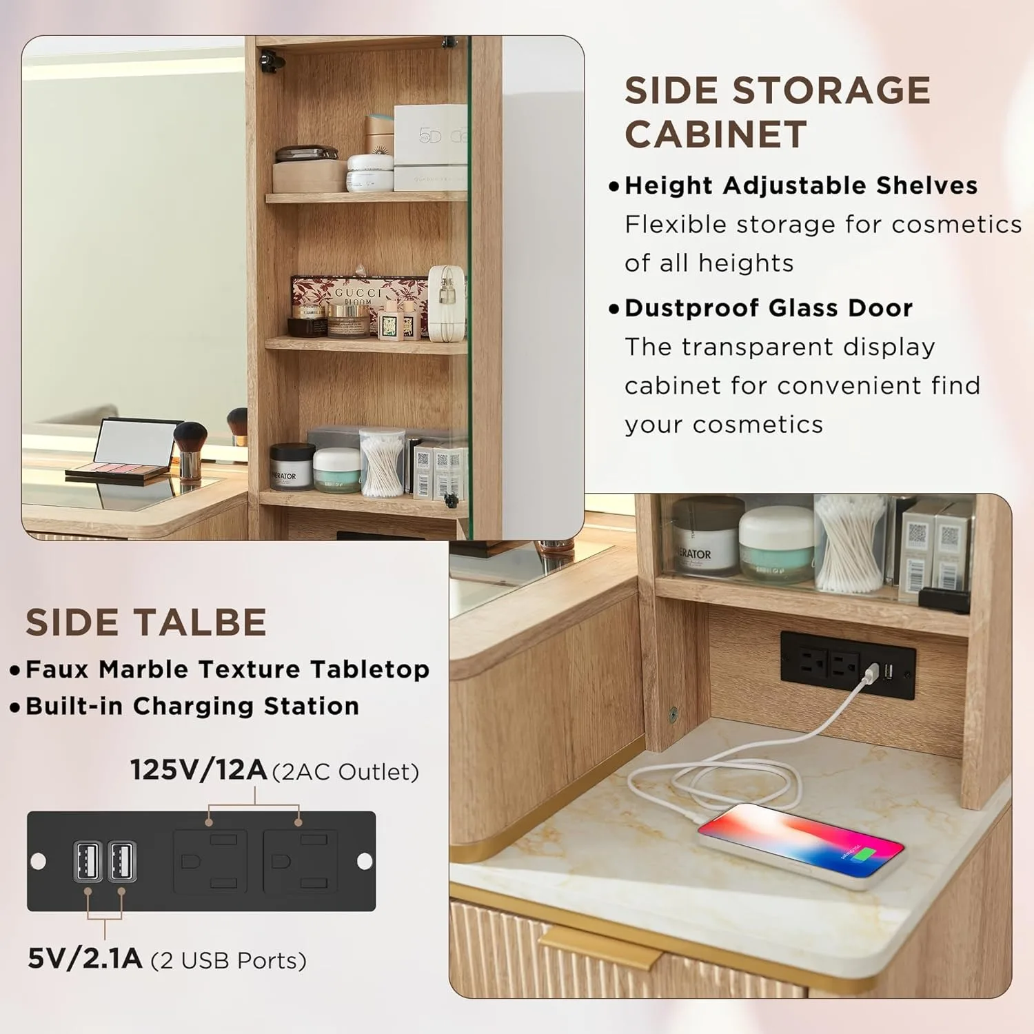 Equipado com espelho de alta definição de 36 polegadas, penteadeira de 48 polegadas com espelho e luz e 5 gavetas (Carvalho Natural)