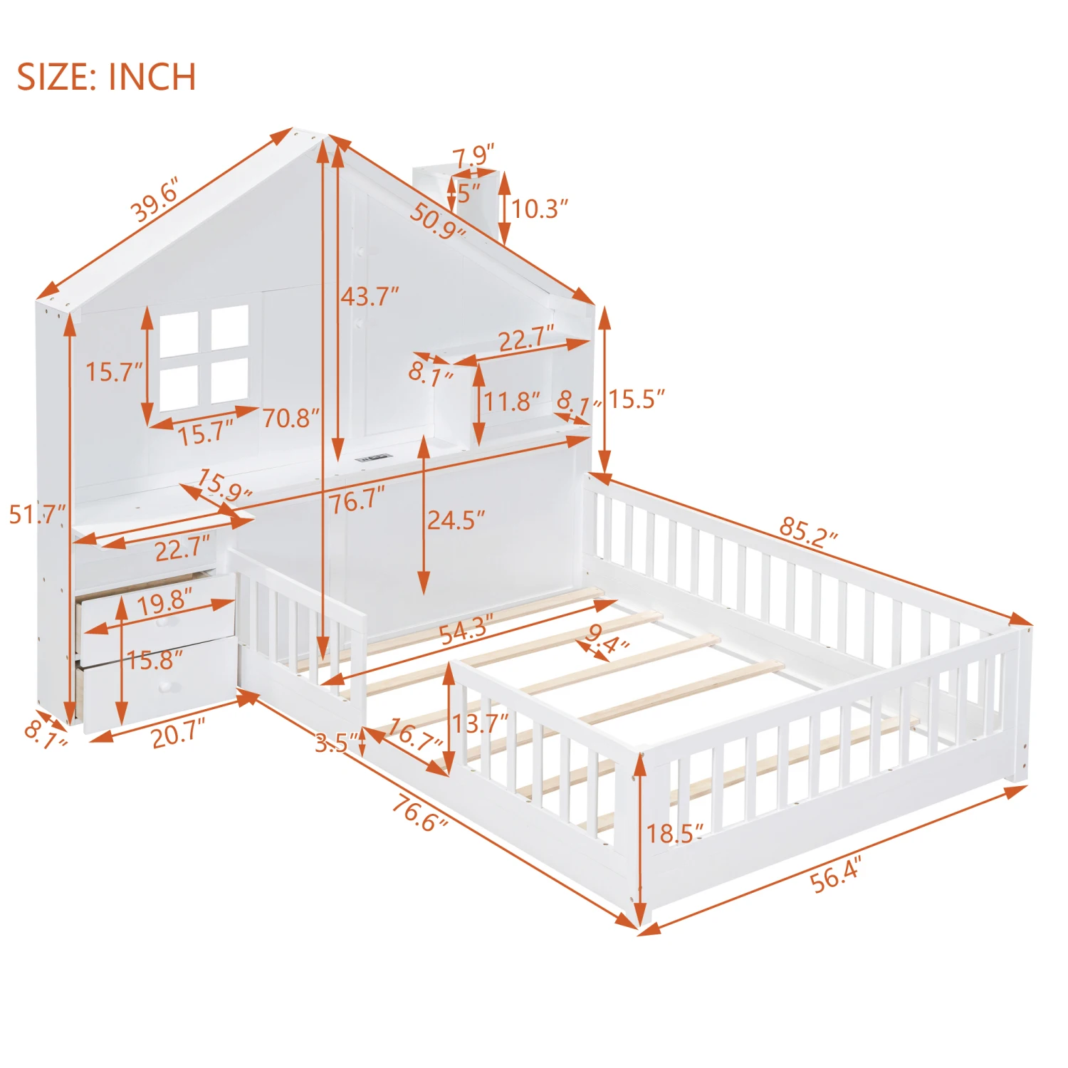 White Full Size House Bed with Window, Bedside Drawers, Platform Shelves, Sockets, USB Port