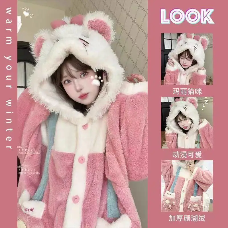 

Популярная кавайная коралловая бархатная ночная рубашка с капюшоном для девочек, осенне-зимние пижамы, милые пижамы, халат средней длины, повседневный комплект домашней одежды