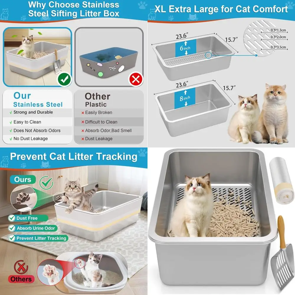 

Extra Large Stainless Steel Sifting Litter Box for Large Cats with Odor Control and Easy Cleaning