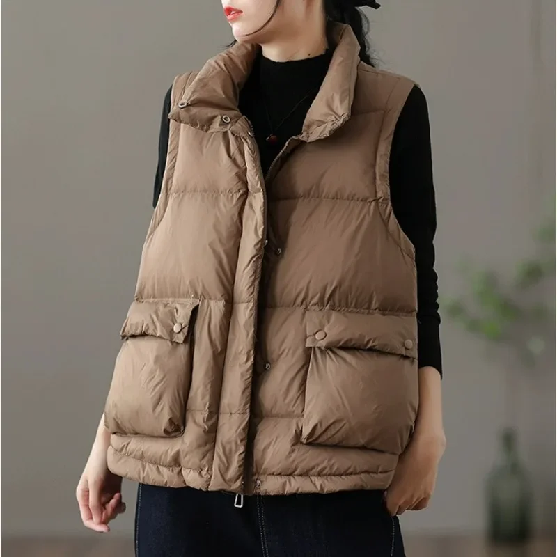 Women Down Jacket Sleeveless Cardigan Vest White Duck Down Warm Puffer Jacket Chic Design Zipper Pockets Luxury Autumn Winter