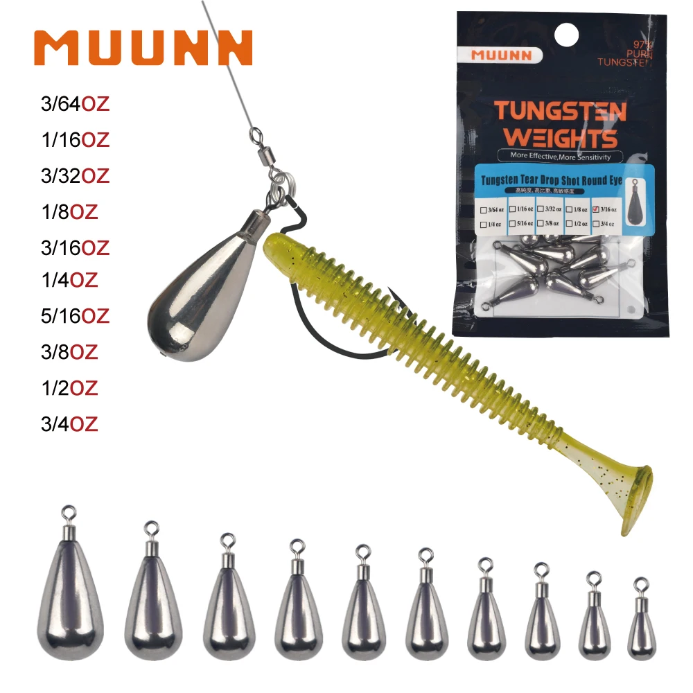 

MUUNN 10PCS Tungsten Sinker ,Tear Drop Shot 1.3g-21g,Jika Rig Weights Line Hook Connector,Bass Salmon Fishing Lures