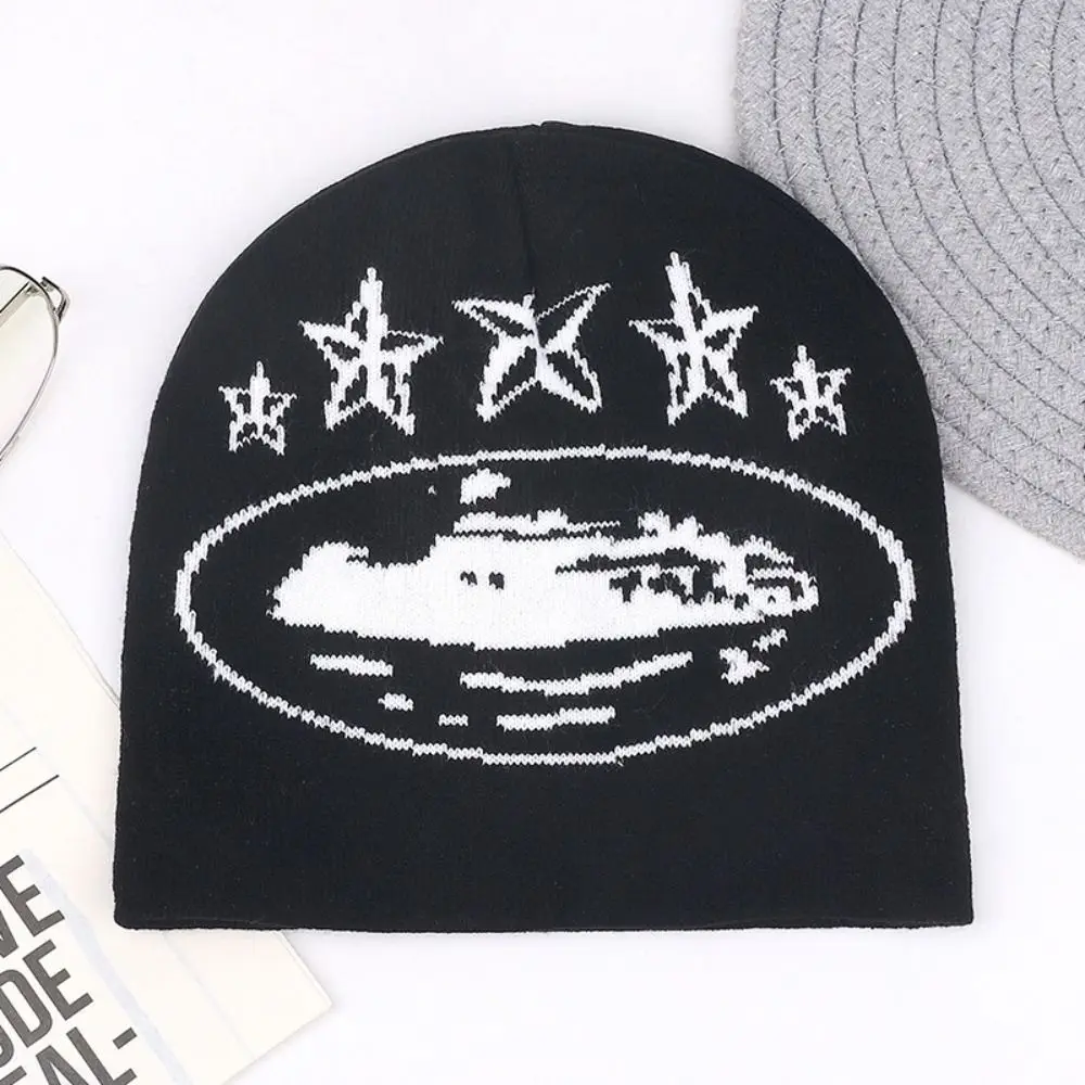 Unisex Knitted Knit Beanie Hat Windproof Soft Street Hat Stretchy Star Jacquard Pattern Skull Cap For Men Women