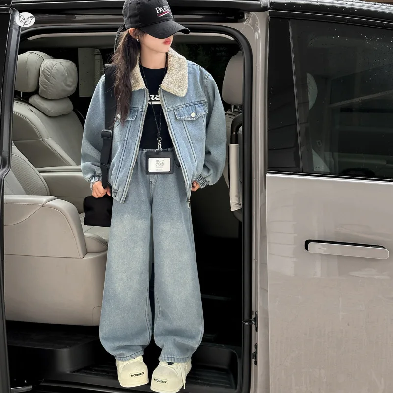 الفتيات الدنيم الزي مجموعة 2025 الشتاء موضة الفراء طوق سترة قصيرة بنطال ذو قصة أرجل واسعة 2-قطعة رشاقته الدافئة في سن المراهقة الاطفال الملابس 6-14 Y