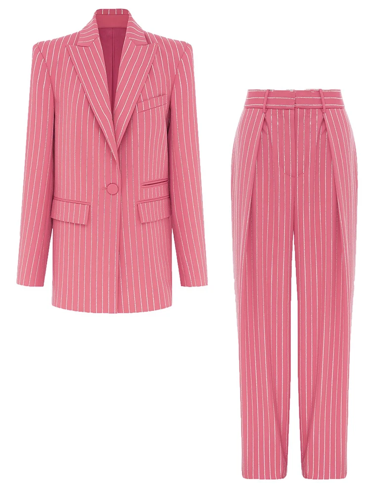 HIGH QUALITY Newest 2024 Designer Suit Set Women's Single Button Striped Diamonds Blazer Pants Suit 2 piece sets womens outfits