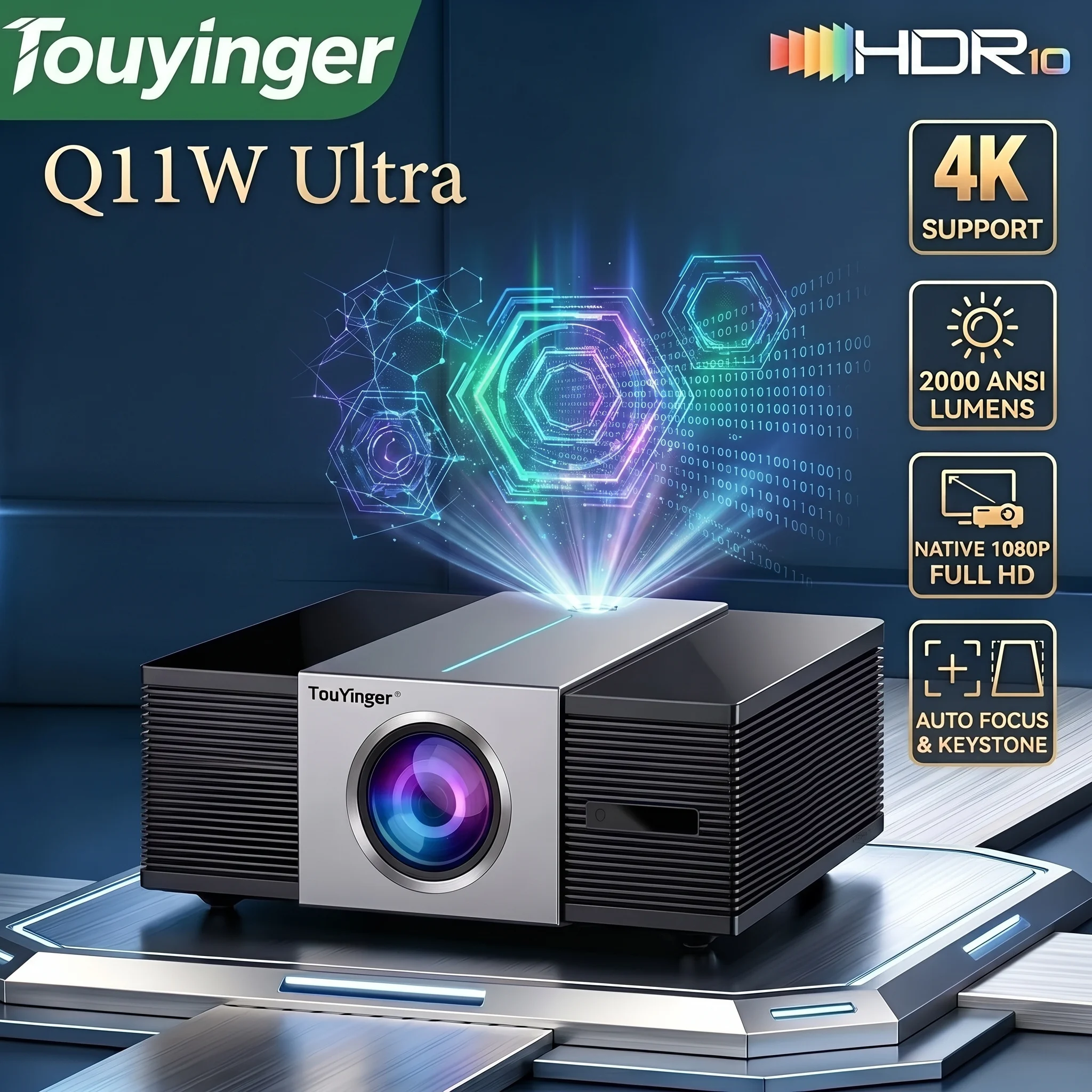 TouYinger Q11W Ultra Smart Android Projektor 2000 ANSI 32000 Lumen Native 1080P Full HD 4K HDR10 Autofokus Auto-Keystone Vollständig geschlossener Motor Bluetooth WiFi 20000:1 LED Heimkino-Beamer