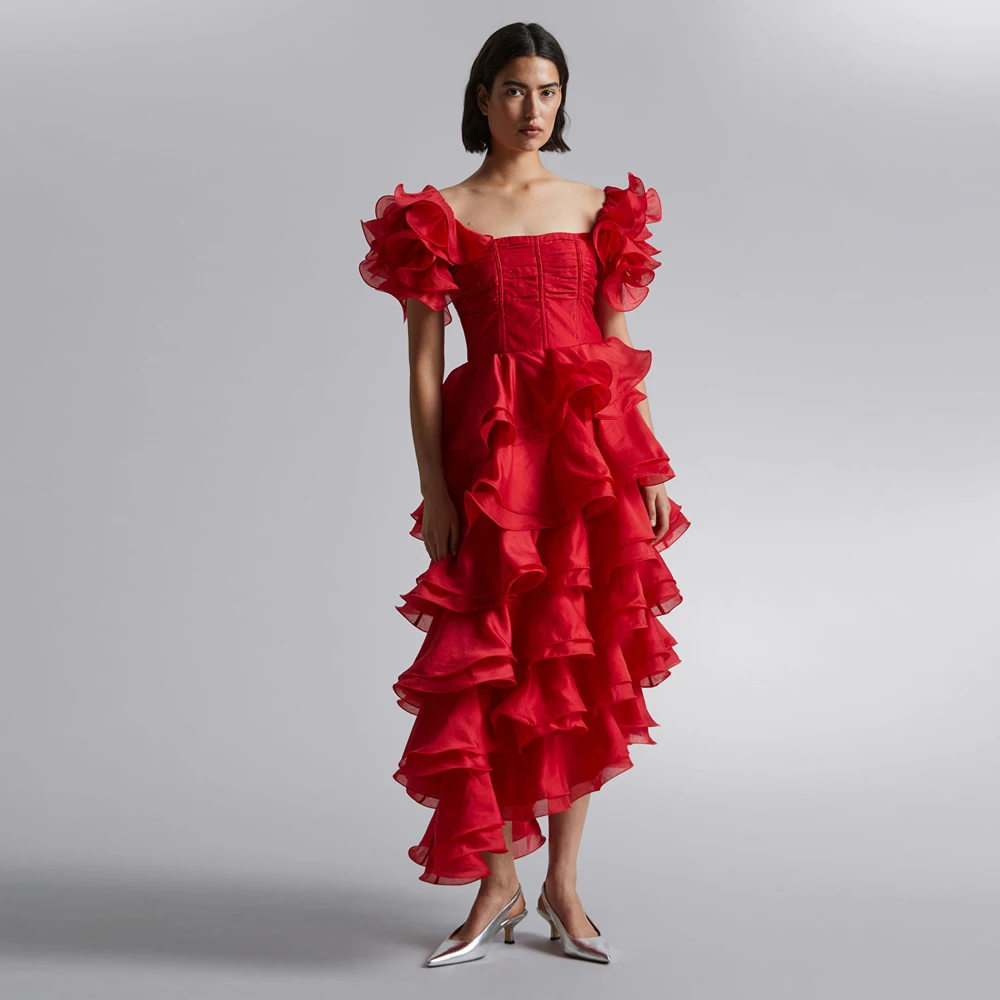 

Elegant Red Ruffles Organza Asymmetrical Maxi Gowns To Event Party Pretty Elastic Back Ankle Length Women Party Dresses