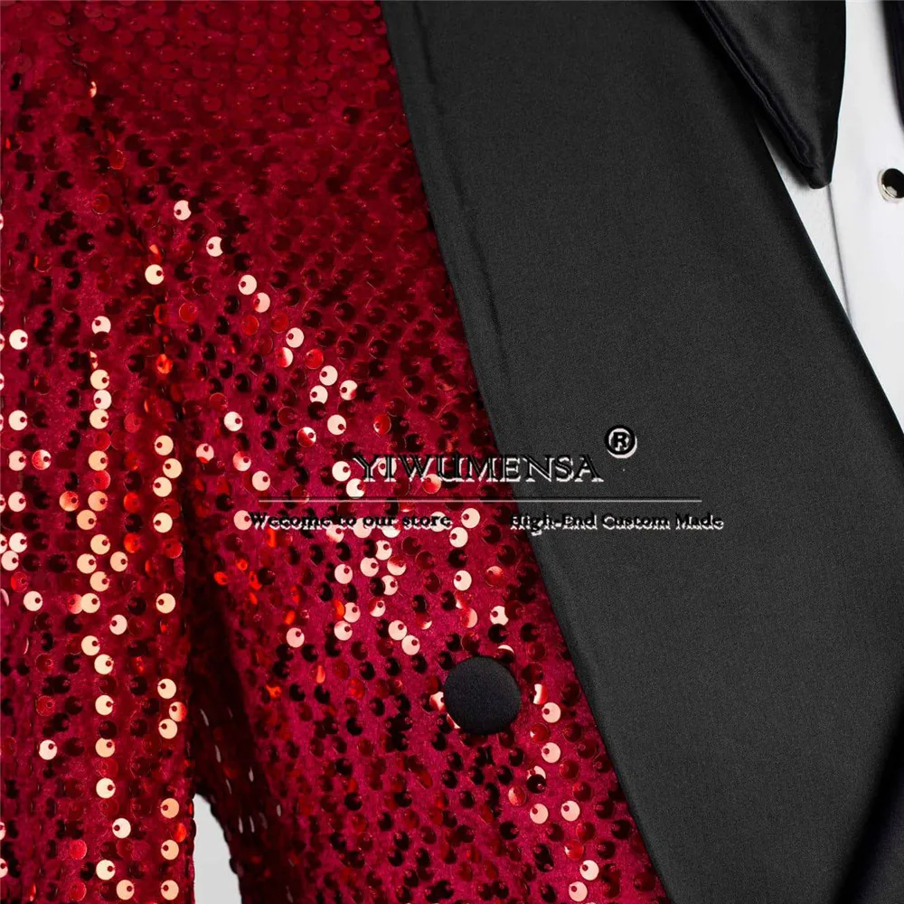 Red Smash Tuxedo Double Breasted Jacket Pants 2 Pieces Bridegroom Wedding Suits Sparkly Sequins Black Notch Lapel Prom Blazers