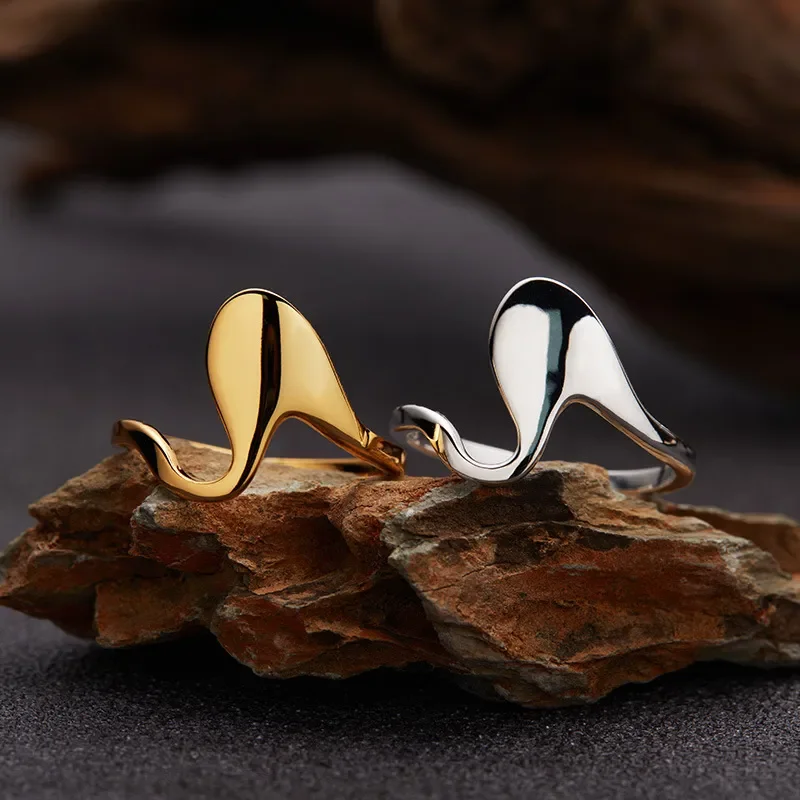 Niche abstract art geometric S925 whole body sterling silver ring plated with 18K non-fading Ins Korean version original