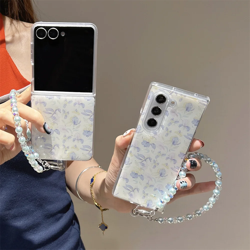 Retro Fresh Blue Iris Blossom Flower Print Phone Case for Samsung Galaxy Z Fold 7 Pearl Bead Wrist Strap Cover for Z Flip 7-3